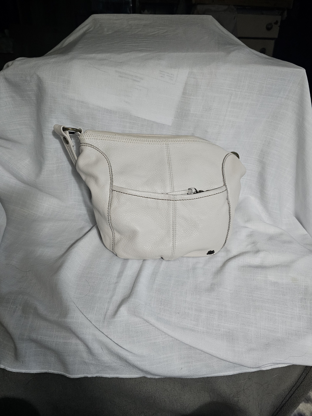 The Sak Cream Leather Shoulder Bag with Front Zip Pocket